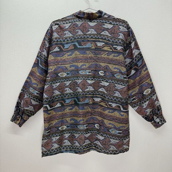 Vintage Stunt Collections Aztec Button Up Shirt Women Small 100% Silk Oversized - Picture 4 of 10